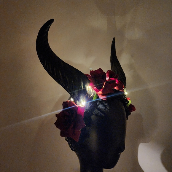 Krampus Horns Straight Up Tall Devil Demon Headband Red Rose Costume Head Piece - Picture 3 of 9